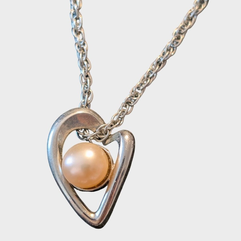Vintage Silver Faux Pearl Heart Necklace Open Pendant White
